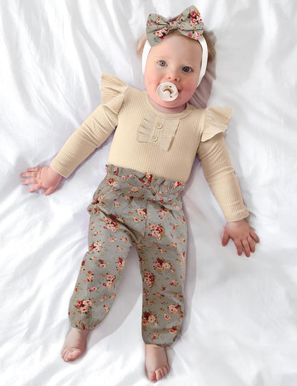 Newborn Baby Girl 3-Piece Outfit Set: Ribbed Ruffle Sleeve Romper, Floral Pants, and Headband