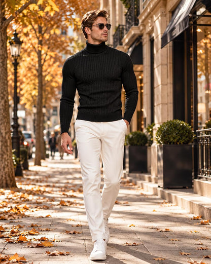 Mens Slim Fit Turtleneck Sweater Cable Knit Thermal Pullover Sweater