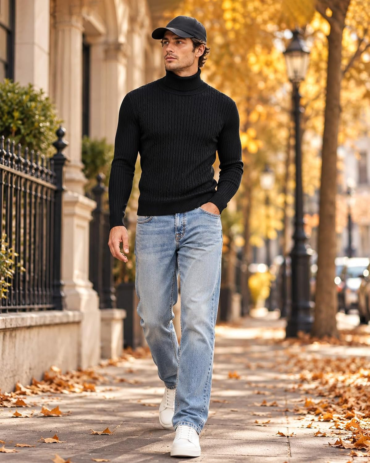 Mens Slim Fit Turtleneck Sweater Cable Knit Thermal Pullover Sweater