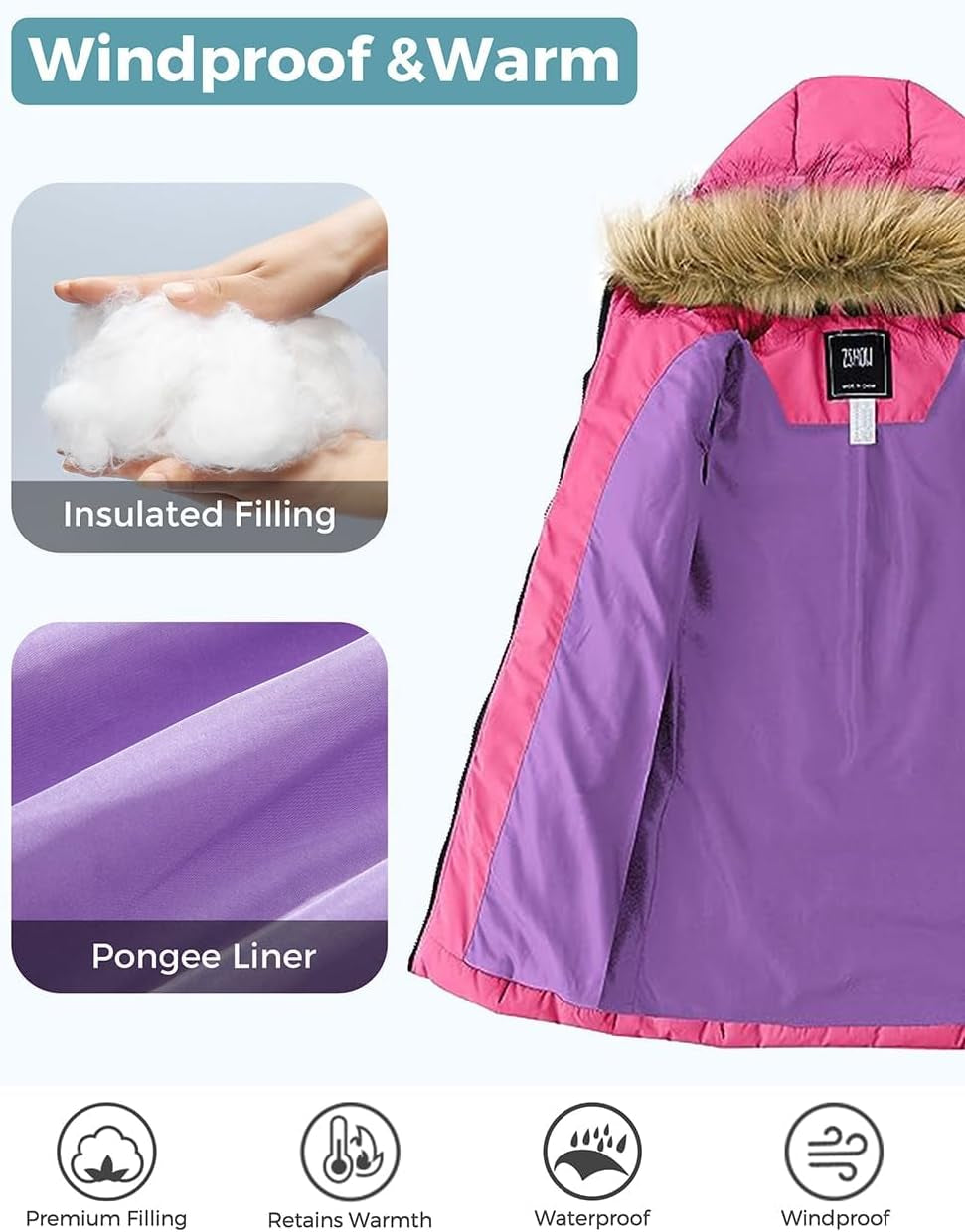 Girls' Long Winter Coat Waterproof Warm Puffer Jacket Hooded Parka